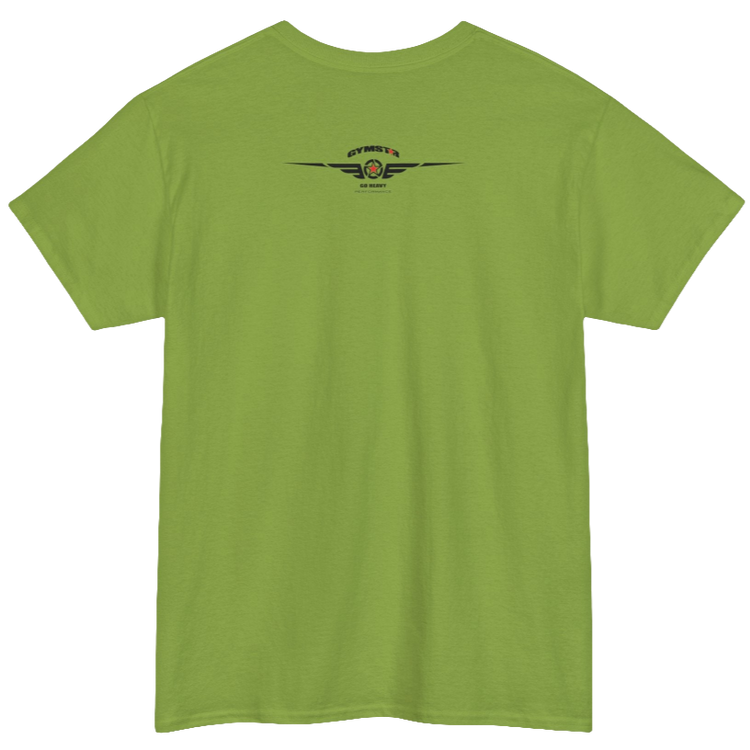 A kiwi Gymstar tee with a black graphic that reads 'Heavy Duty',  barbell and logo, presumably bodybulding or fitness. Rear  view.
