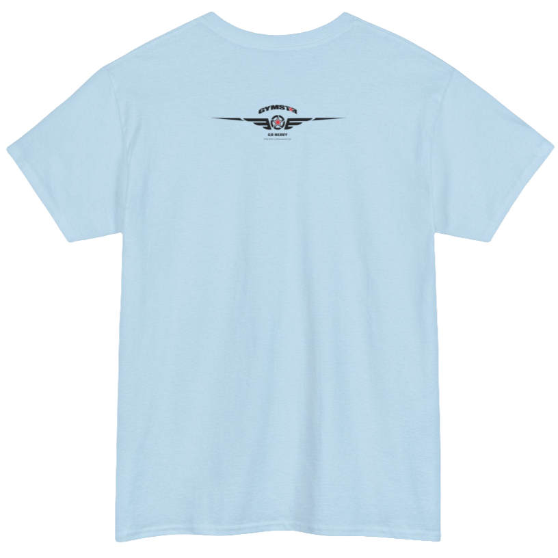 A light blue Gymstar tee with a black graphic that reads 'Heavy Duty',  barbell and logo, presumably bodybulding or fitness. Rear view.