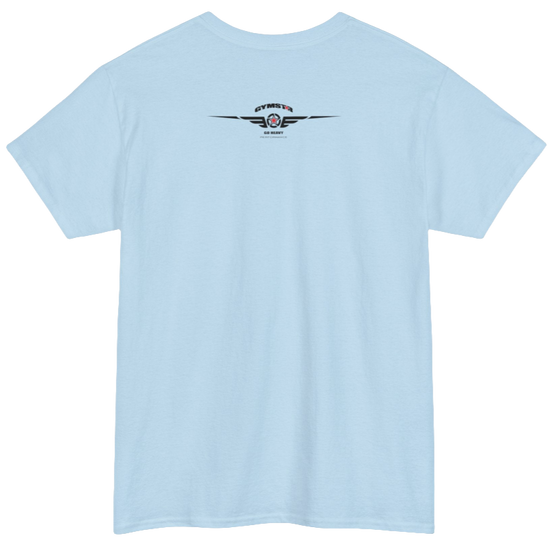 A light blue Gymstar tee with a black graphic that reads 'Heavy Duty',  barbell and logo, presumably bodybulding or fitness. Rear view.