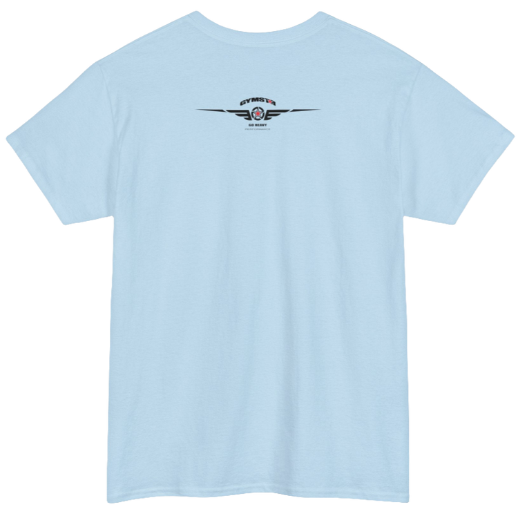 A light blue Gymstar tee with a black graphic that reads 'Heavy Duty',  barbell and logo, presumably bodybulding or fitness. Rear view.