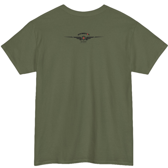 A militari green Gymstar tee with a black graphic that reads 'Heavy Duty',  barbell and logo, presumably bodybulding or fitness. Rear view.
