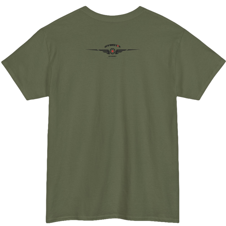 A militari green Gymstar tee with a black graphic that reads 'Heavy Duty',  barbell and logo, presumably bodybulding or fitness. Rear view.