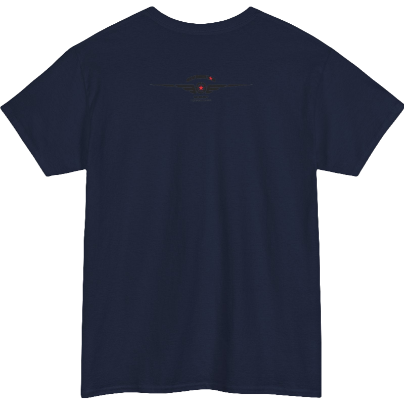 A navy blue Gymstar tee with a black graphic that reads 'Heavy Duty',  barbell and logo, presumably bodybulding or fitness. Rear view.