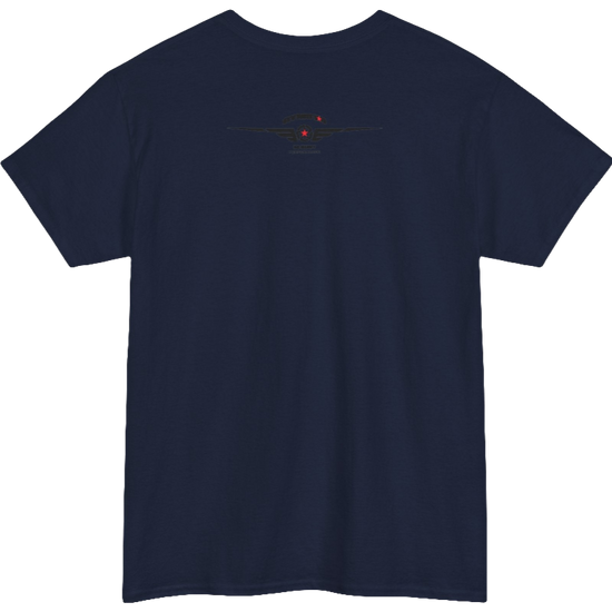 A navy blue Gymstar tee with a black graphic that reads 'Heavy Duty',  barbell and logo, presumably bodybulding or fitness. Rear view.