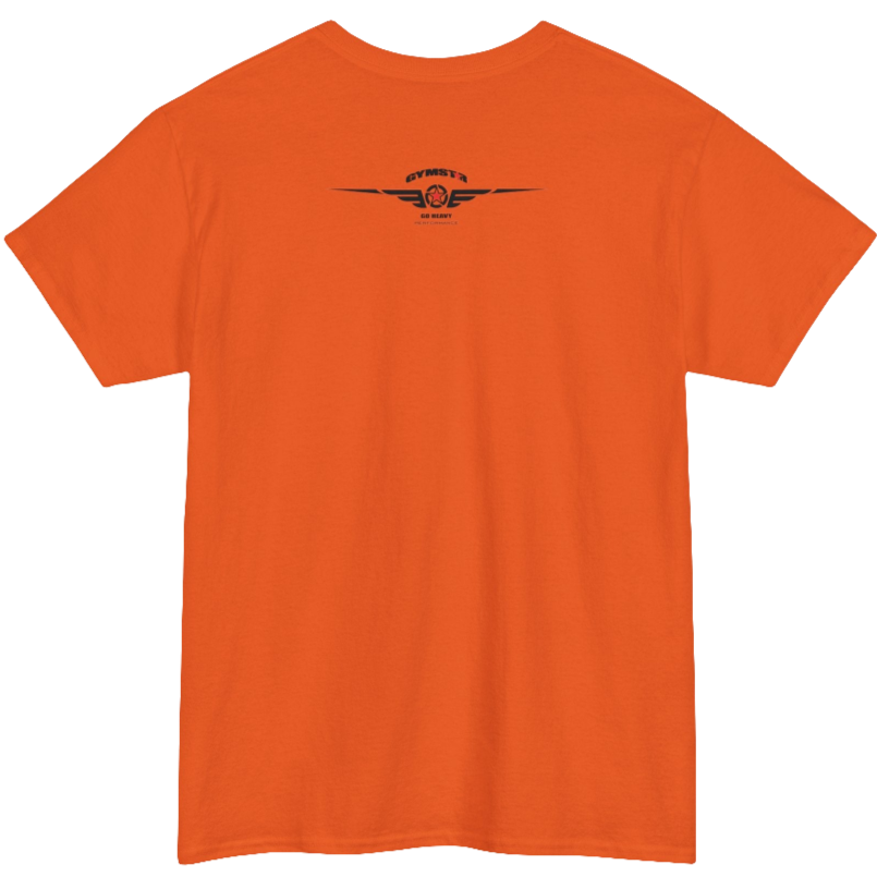 A orange Gymstar tee with a black graphic that reads 'Heavy Duty',  barbell and logo, presumably bodybulding or fitness. Rear  view.