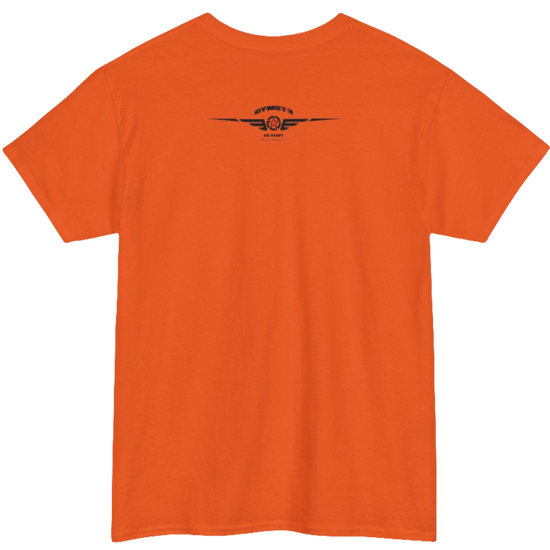 A orange Gymstar tee with a black graphic that reads 'Heavy Duty',  barbell and logo, presumably bodybulding or fitness. Rear  view.