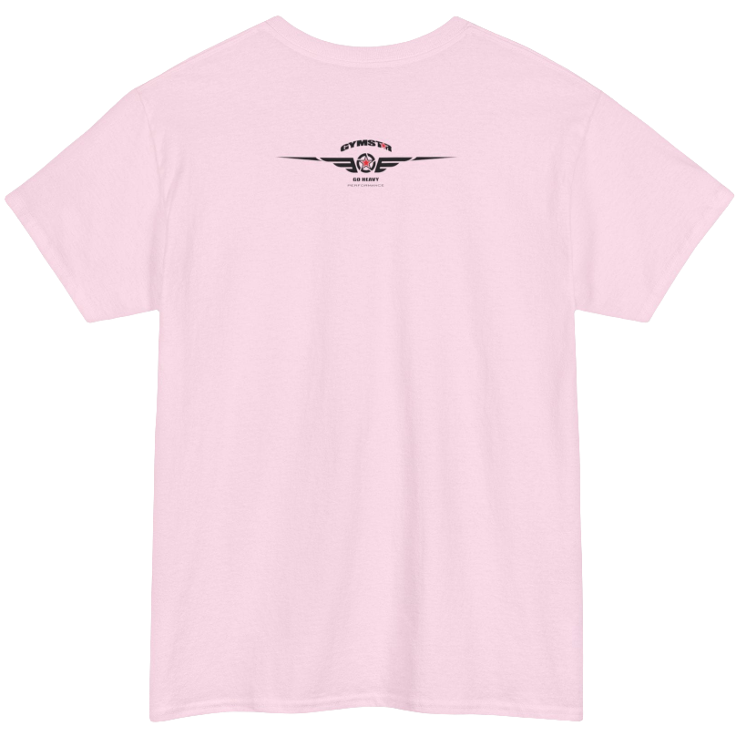 A pink Gymstar tee with a black graphic that reads 'Heavy Duty',  barbell and logo, presumably bodybulding or fitness. Rear view.