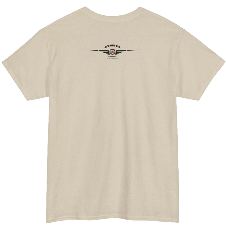 A beige Gymstar tee with a black graphic that reads 'Heavy Duty',  barbell and logo, presumably bodybulding or fitness. Rear view.