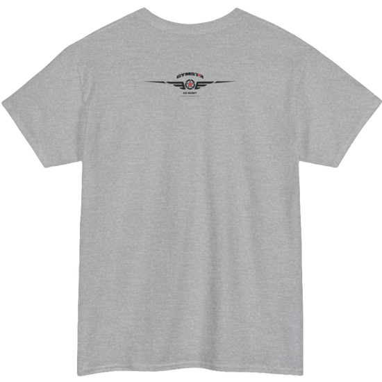 A silver grey Gymstar tee with a black graphic that reads 'Heavy Duty',  barbell and logo, presumably bodybulding or fitness. Rear view.