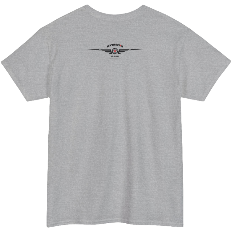 A silver grey Gymstar tee with a black graphic that reads 'Heavy Duty',  barbell and logo, presumably bodybulding or fitness. Rear view.
