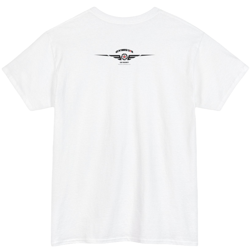 A whiteGymstar tee with a black graphic that reads 'Heavy Duty',  barbell and logo, presumably bodybulding or fitness. Rear view.