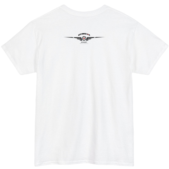 A whiteGymstar tee with a black graphic that reads 'Heavy Duty',  barbell and logo, presumably bodybulding or fitness. Rear view.