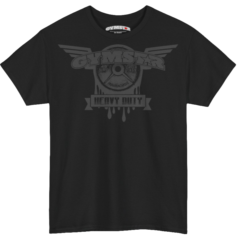 A black Gymstar tee with a black graphic that reads 'Heavy Duty',  barbell and logo, presumably bodybulding or fitness.