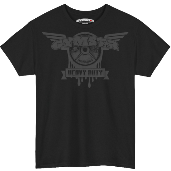 A black Gymstar tee with a black graphic that reads 'Heavy Duty',  barbell and logo, presumably bodybulding or fitness.