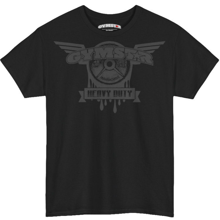 A black Gymstar tee with a black graphic that reads 'Heavy Duty',  barbell and logo, presumably bodybulding or fitness.