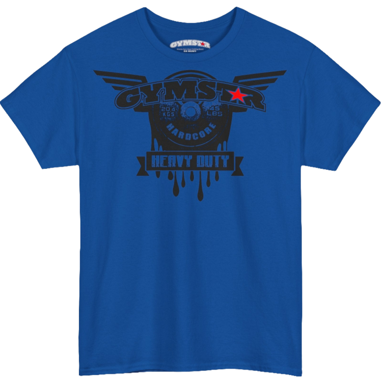 A blue Gymstar tee with a black graphic that reads 'Heavy Duty',  barbell and logo, presumably bodybulding or fitness. 