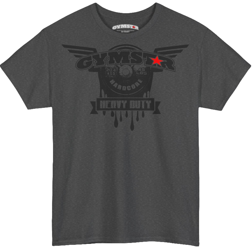 A grey Gymstar tee with a black graphic that reads 'Heavy Duty',  barbell and logo, presumably bodybulding or fitness. 