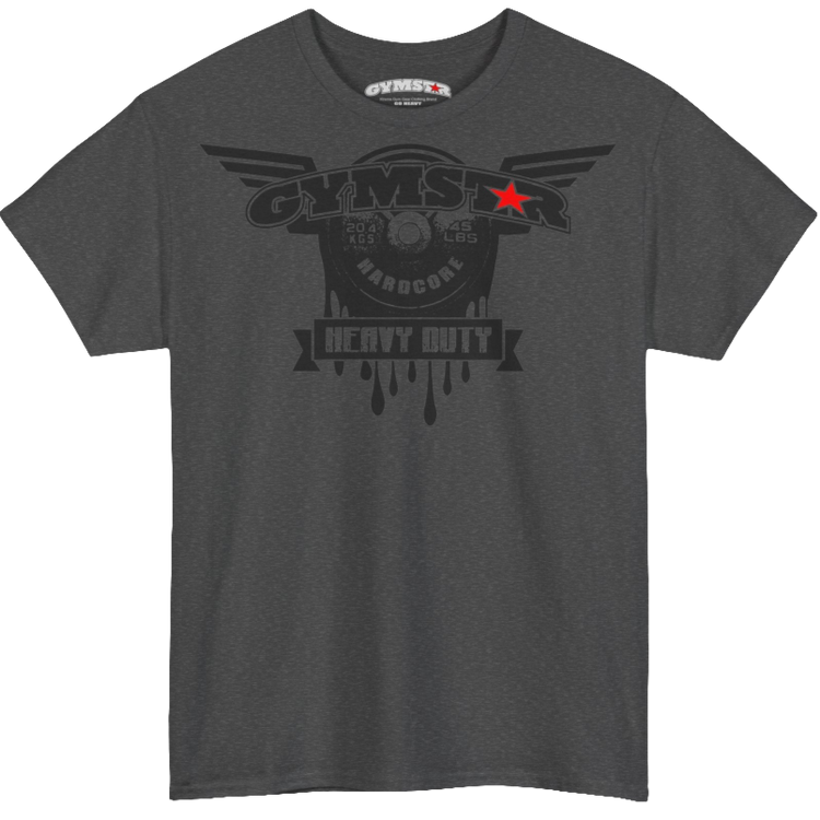 A grey Gymstar tee with a black graphic that reads 'Heavy Duty',  barbell and logo, presumably bodybulding or fitness. 