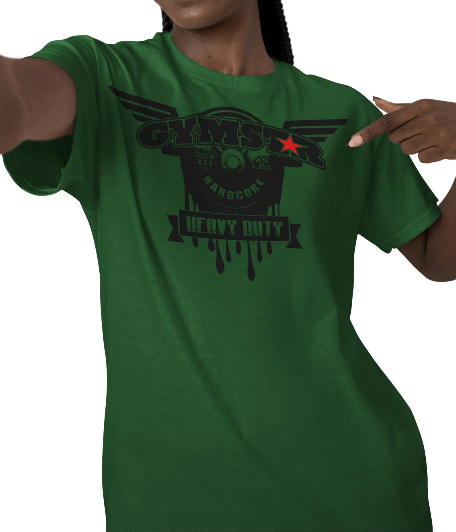 A woman wearing green athletic T-shirt GYMSTAR with black text and graphic on the front reading "HEAVY DUTY" featuring barbell illustration, logo above.