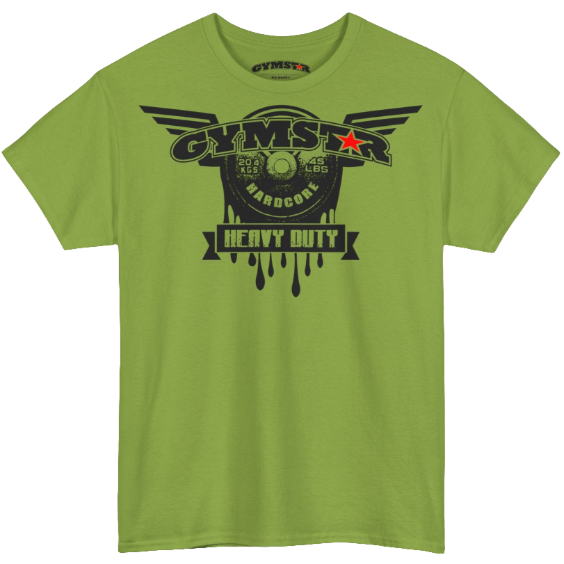 A kiwi Gymstar tee with a black graphic that reads 'Heavy Duty',  barbell and logo, presumably bodybulding or fitness.