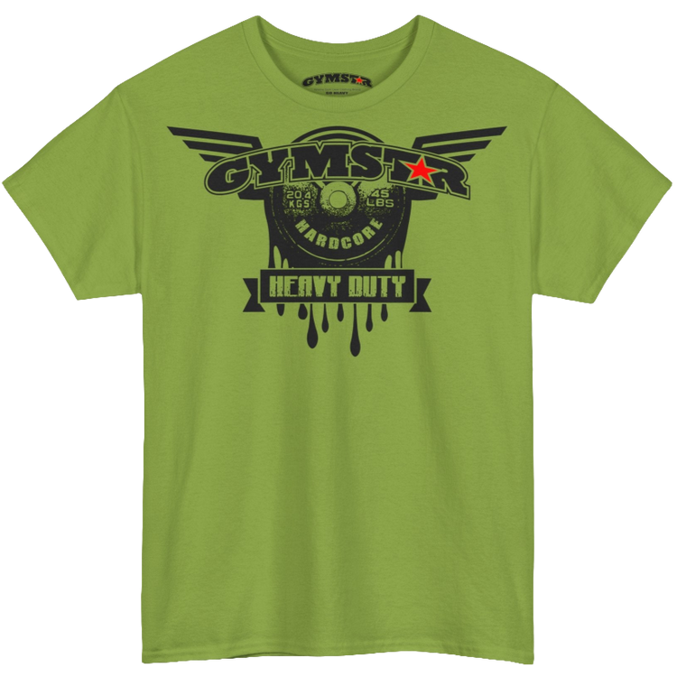 A kiwi Gymstar tee with a black graphic that reads 'Heavy Duty',  barbell and logo, presumably bodybulding or fitness.