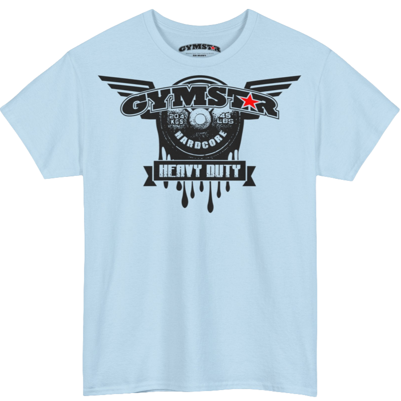 A light blue Gymstar tee with a black graphic that reads 'Heavy Duty',  barbell and logo, presumably bodybulding or fitness.