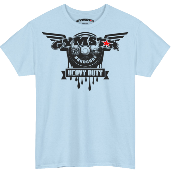 A light blue Gymstar tee with a black graphic that reads 'Heavy Duty',  barbell and logo, presumably bodybulding or fitness.