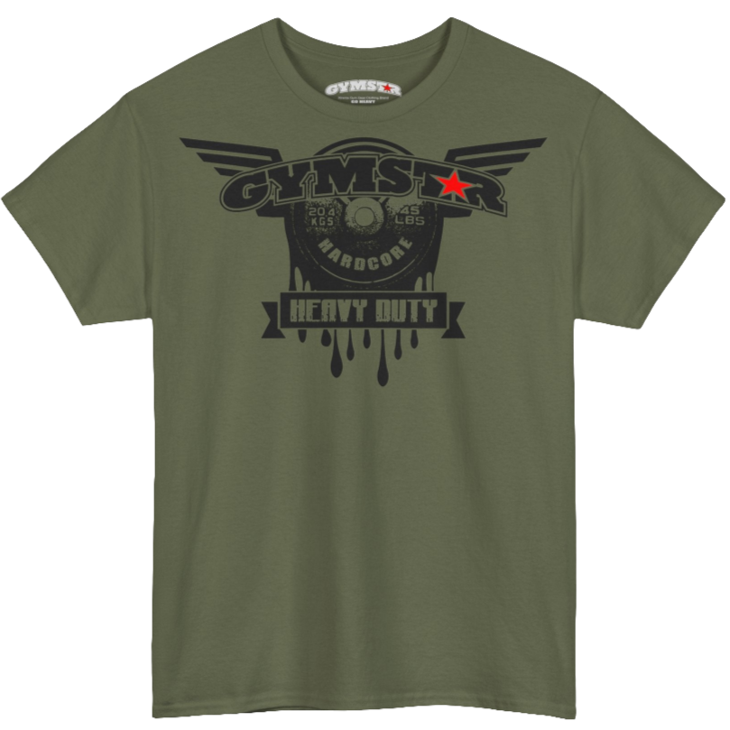 A militari green Gymstar tee with a black graphic that reads 'Heavy Duty',  barbell and logo, presumably bodybulding or fitness. 