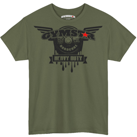 A militari green Gymstar tee with a black graphic that reads 'Heavy Duty',  barbell and logo, presumably bodybulding or fitness. 