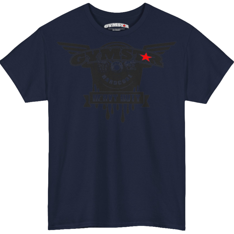 A navy blue Gymstar tee with a black graphic that reads 'Heavy Duty',  barbell and logo, presumably bodybulding or fitness. 