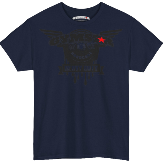 A navy blue Gymstar tee with a black graphic that reads 'Heavy Duty',  barbell and logo, presumably bodybulding or fitness. 