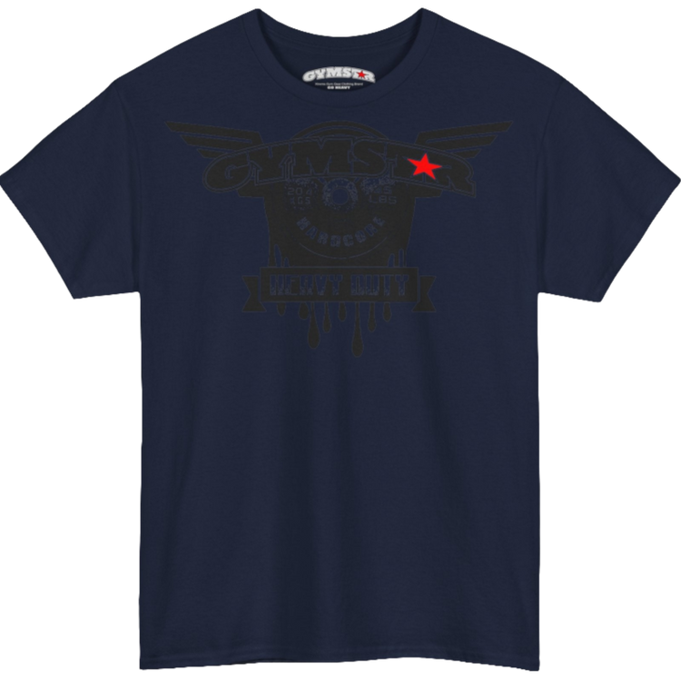 A navy blue Gymstar tee with a black graphic that reads 'Heavy Duty',  barbell and logo, presumably bodybulding or fitness. 