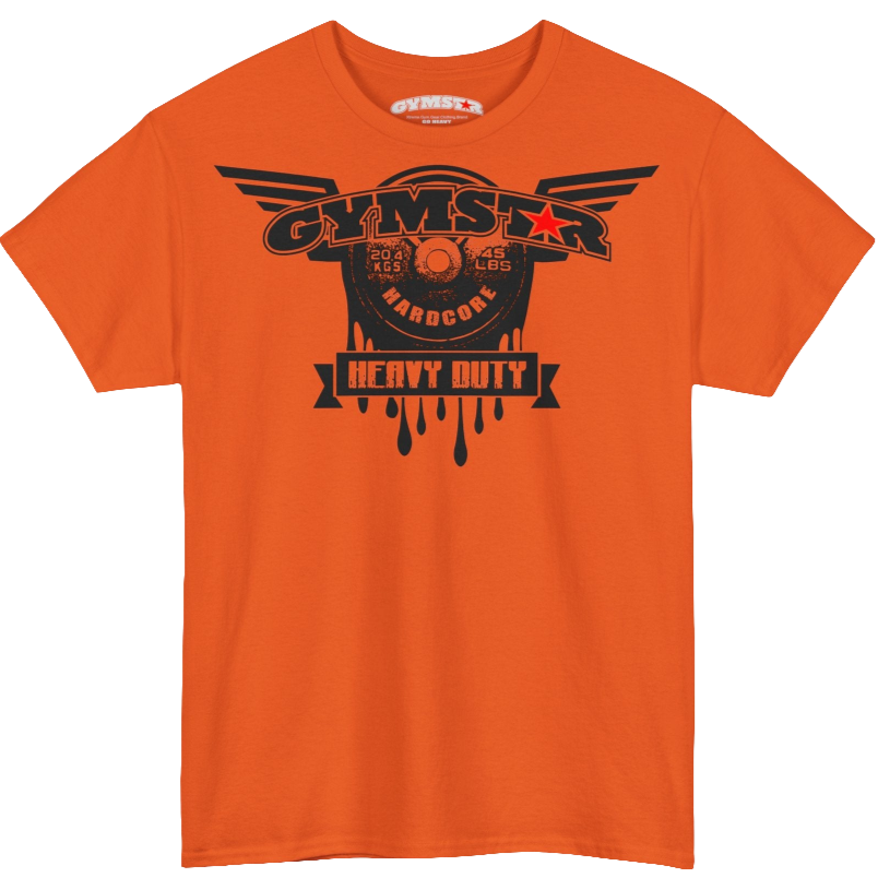 A orange Gymstar tee with a black graphic that reads 'Heavy Duty',  barbell and logo, presumably bodybulding or fitness. 