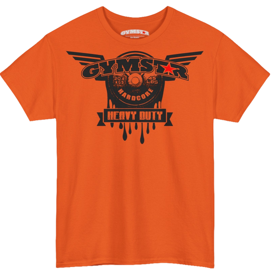 A orange Gymstar tee with a black graphic that reads 'Heavy Duty',  barbell and logo, presumably bodybulding or fitness. 