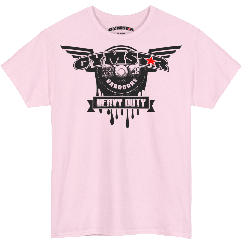 A pink Gymstar tee with a black graphic that reads 'Heavy Duty',  barbell and logo, presumably bodybulding or fitness. Rear Logo Close up view.
