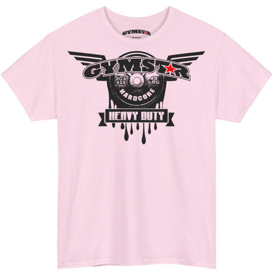 A pink Gymstar tee with a black graphic that reads 'Heavy Duty',  barbell and logo, presumably bodybulding or fitness. Rear Logo Close up view.