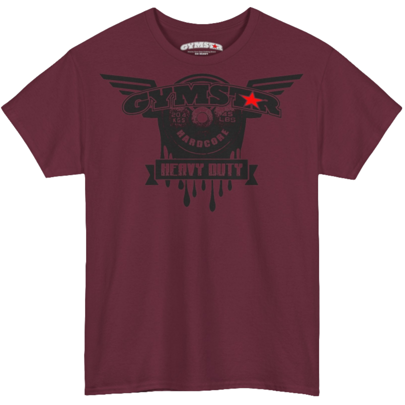 A rubin Gymstar tee with a black graphic that reads 'Heavy Duty',  barbell and logo, presumably bodybulding or fitness. 
