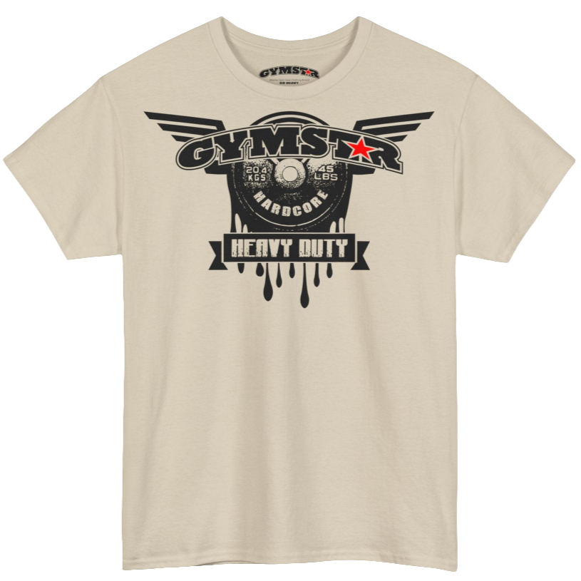 A beige Gymstar tee with a black graphic that reads 'Heavy Duty',  barbell and logo, presumably bodybulding or fitness.
