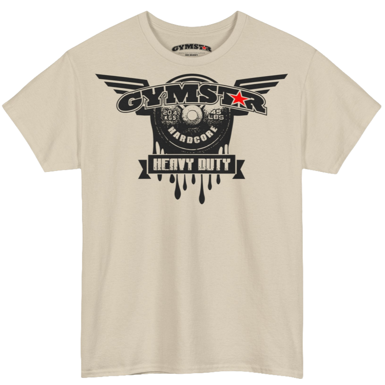 A beige Gymstar tee with a black graphic that reads 'Heavy Duty',  barbell and logo, presumably bodybulding or fitness.