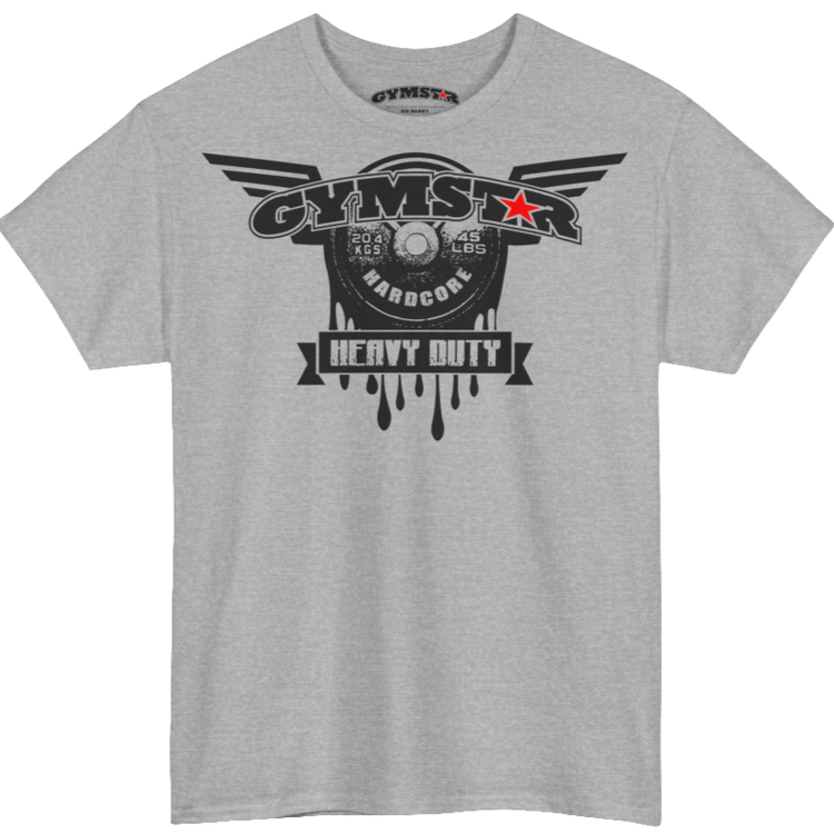 A silver grey Gymstar tee with a black graphic that reads 'Heavy Duty',  barbell and logo, presumably bodybulding or fitness.