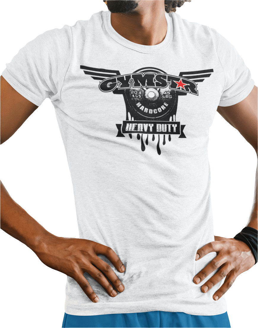 A man wearing militari green Gymstar tee with a black graphic that reads 'Heavy Duty',  barbell and logo, presumably bodybulding or fitness.  Close up view.