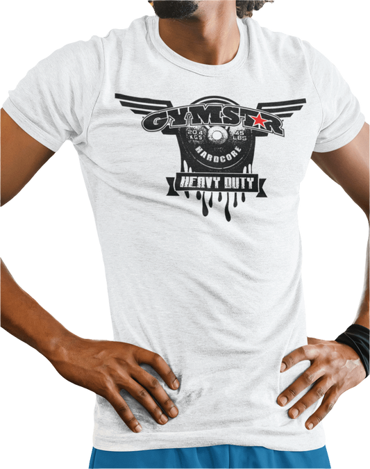 A man wearing militari green Gymstar tee with a black graphic that reads 'Heavy Duty',  barbell and logo, presumably bodybulding or fitness.  Close up view.