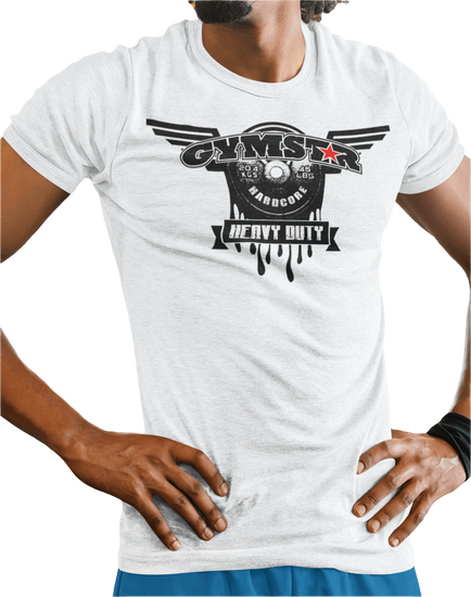A man wearing militari green Gymstar tee with a black graphic that reads 'Heavy Duty',  barbell and logo, presumably bodybulding or fitness.  Close up view.