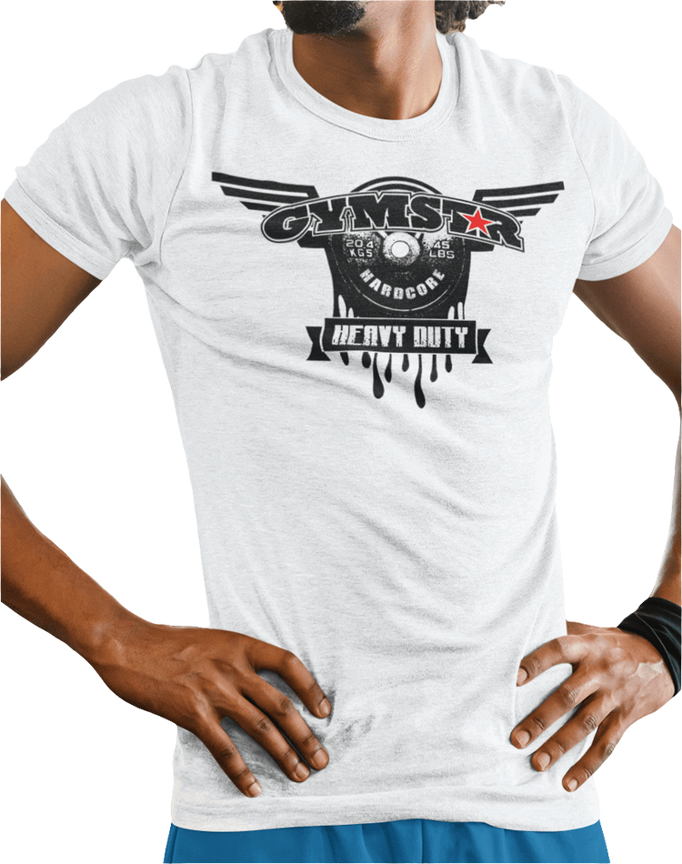 A man wearing militari green Gymstar tee with a black graphic that reads 'Heavy Duty',  barbell and logo, presumably bodybulding or fitness.  Close up view.