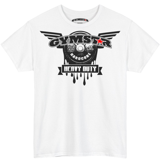 A whiteGymstar tee with a black graphic that reads 'Heavy Duty',  barbell and logo, presumably bodybulding or fitness.