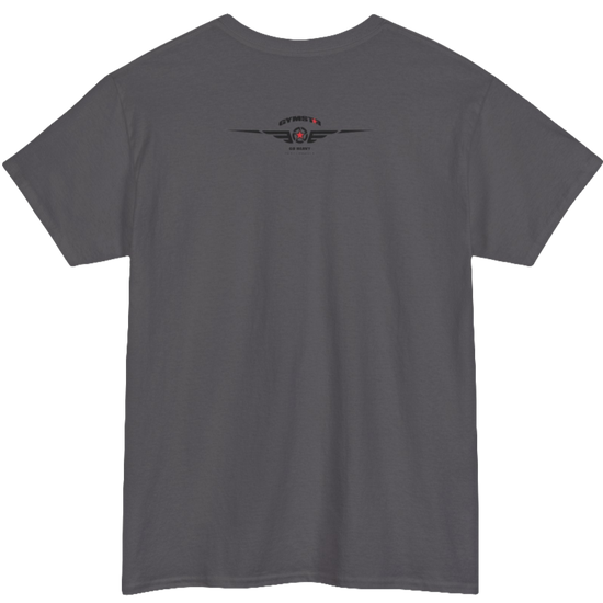 A sport grey Gymstar tee with a black graphic that reads 'Heavy Duty',  barbell and logo, presumably bodybulding or fitness. Rear view.