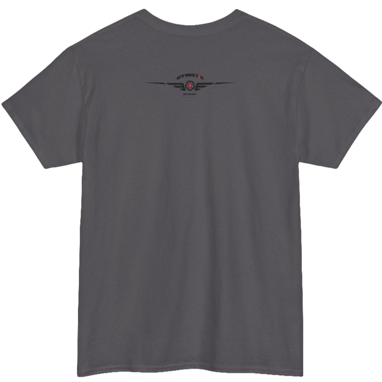 A sport grey Gymstar tee with a black graphic that reads 'Heavy Duty',  barbell and logo, presumably bodybulding or fitness. Rear view.