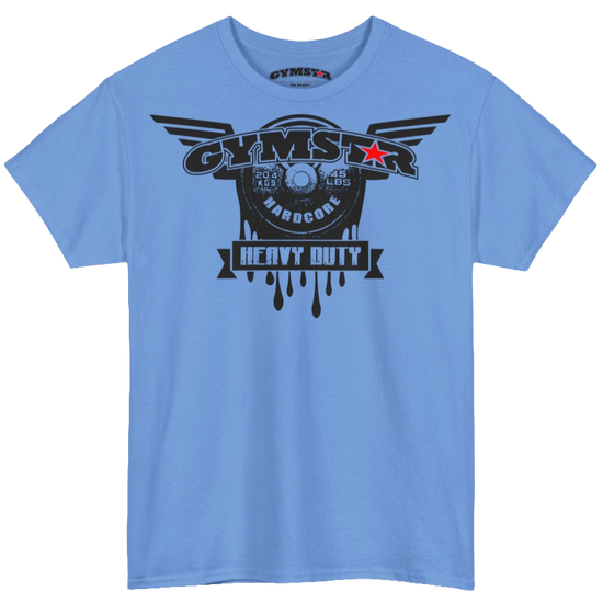 A Carolona blue Gymstar tee with a black graphic that reads 'Heavy Duty',  barbell and logo, presumably bodybulding or fitness. 
