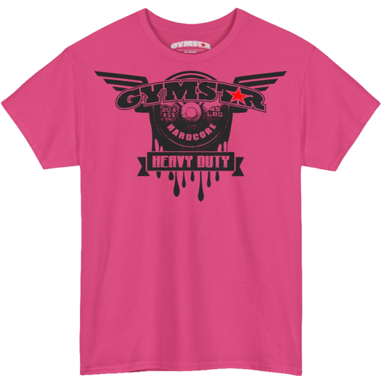 A purple Gymstar tee with a black graphic that reads 'Heavy Duty',  barbell and logo, presumably bodybulding or fitness. 