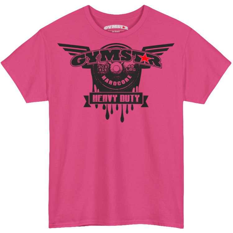 A purple Gymstar tee with a black graphic that reads 'Heavy Duty',  barbell and logo, presumably bodybulding or fitness. 